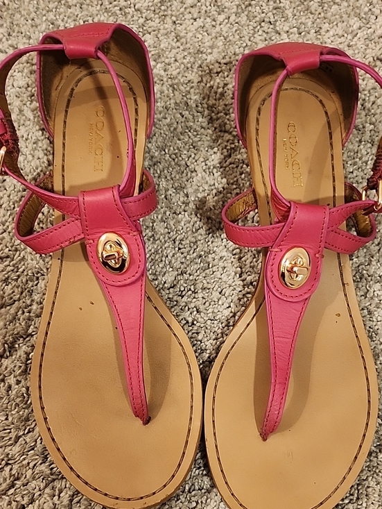 Coach Shoes - COACH Hot Pink Fuschia Leather T-Strap Sandals with Gold Turn-Lock